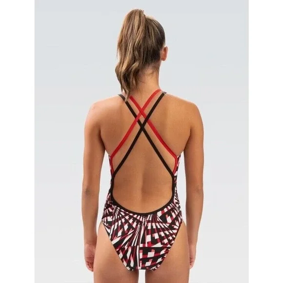 Dolphin Swimsuit Sz 32 Reliance Atomic Red Double X Back One Piece Built In Bra - Picture 2 of 6